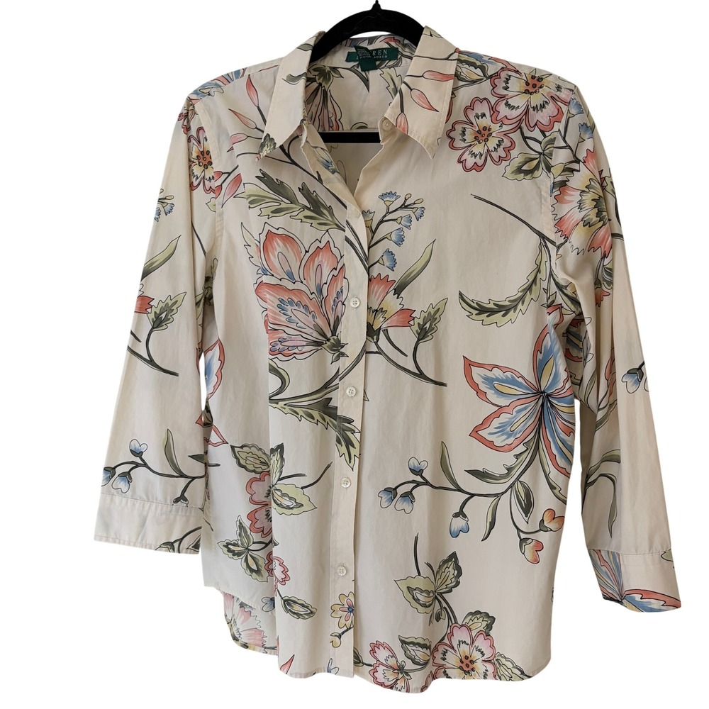 Lauren Ralph Lauren Floral Button Down Shirt 3/4 Sleeve Womens Large Cottagecore